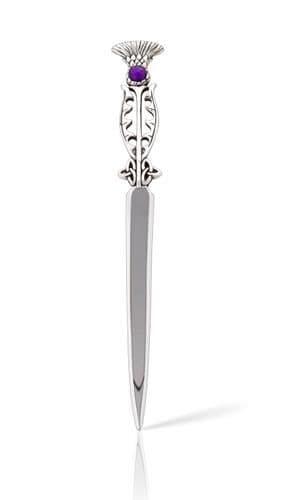 Silver letter opener with a decorative floral handle and purple gemstone accent.