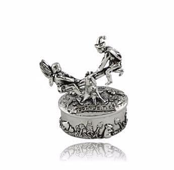 Silver decorative music box featuring children on a seesaw with intricate detailing