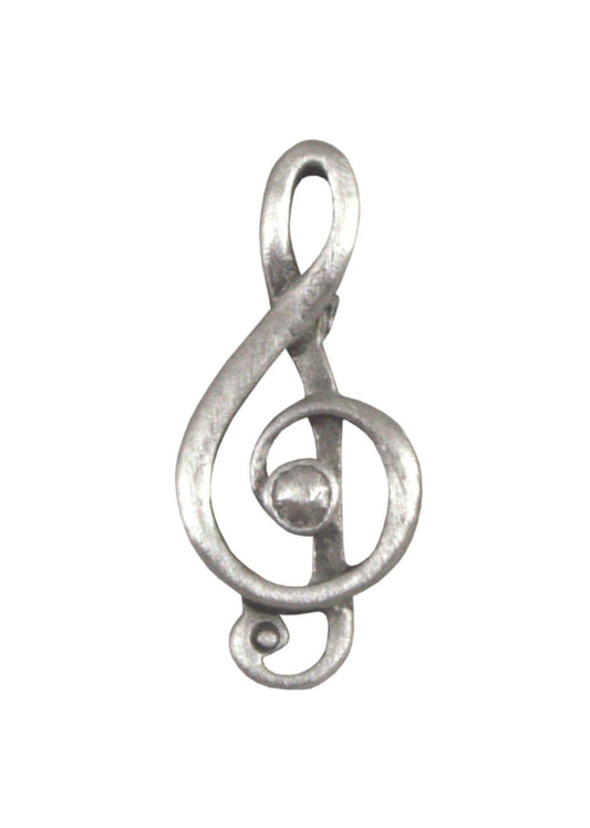 Silver treble clef pendant with intricate detailing and a polished finish.