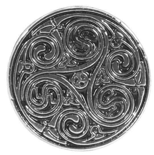 Silver circular pendant with intricate swirling Celtic knot design.