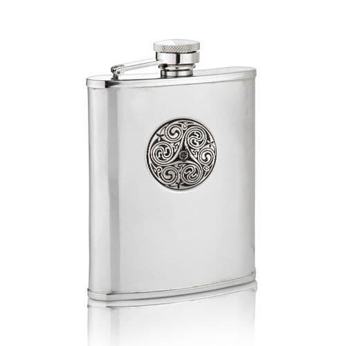 Silver stainless steel flask with decorative swirl design and screw-top lid.
