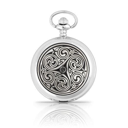 Silver pocket watch with intricate swirling design and a polished finish.