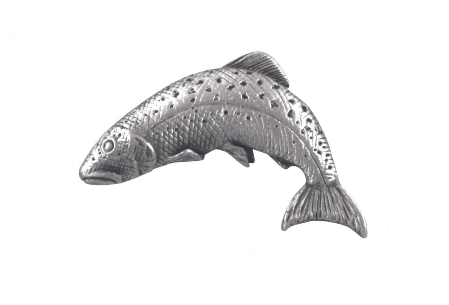 Silver metal fish brooch with detailed scale design and textured finish.