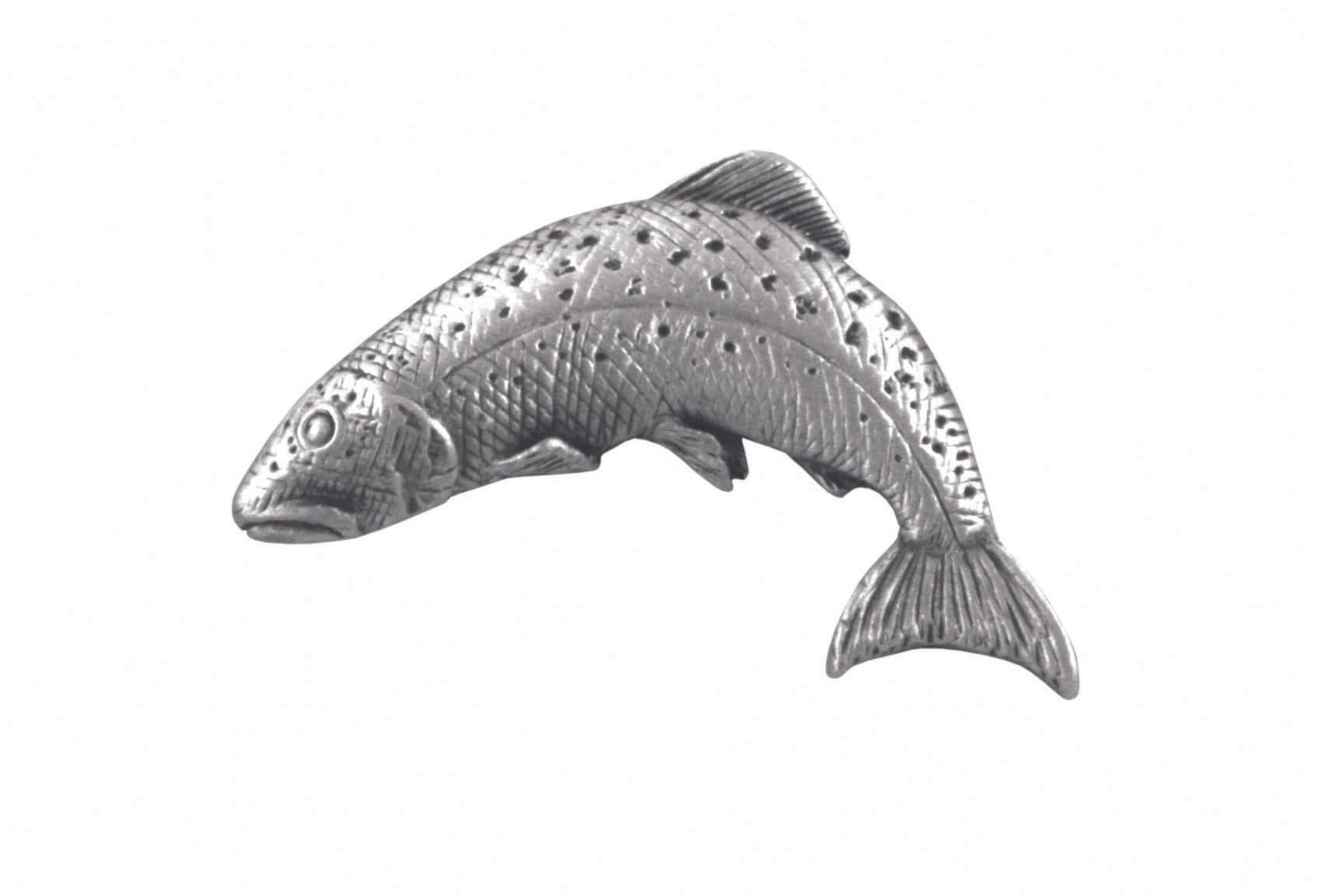 Silver metal fish brooch with detailed scale design and textured finish.