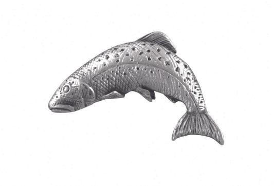 Silver metal fish brooch with detailed scale design and textured finish.