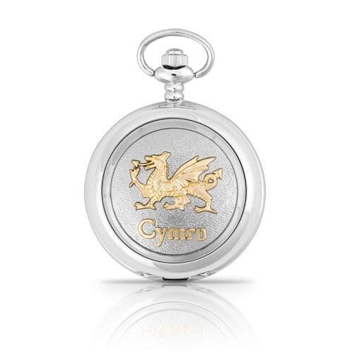 Silver pocket watch featuring a gold Welsh dragon and "Cymru" engraving.
