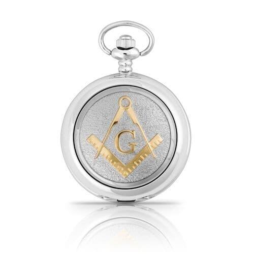Silver pocket watch featuring a gold Masonic compass and square emblem