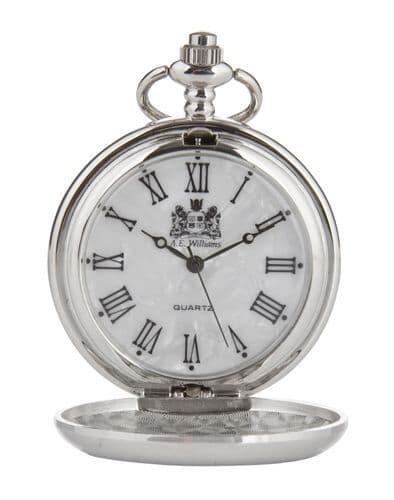 Silver quartz pocket watch with white dial and Roman numerals.