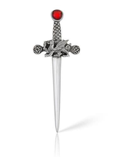Silver dagger letter opener with dragon design and red gem accent.