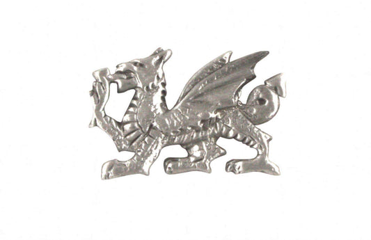 Silver dragon brooch with detailed wings and claws, featuring a polished finish.