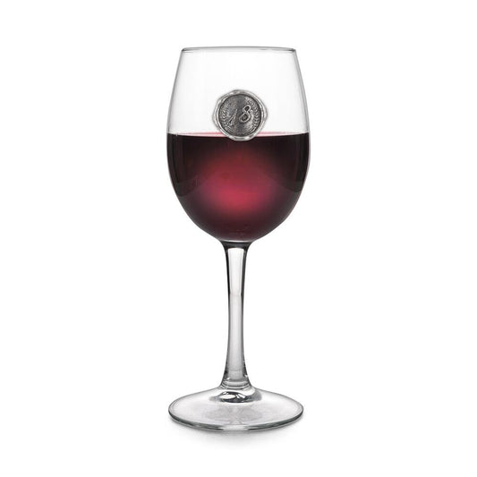 Personalised wine glass with pewter birthday number monogram seal, available in various designs by The Gifting Corner.