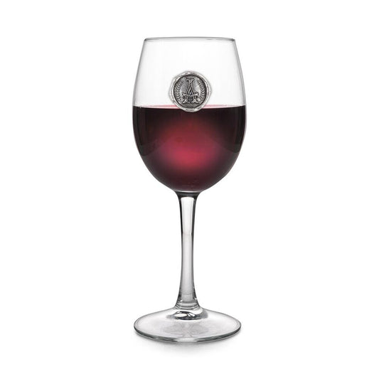 Personalised wine glass with pewter initial monogram seal, elegant design by The Gifting Corner